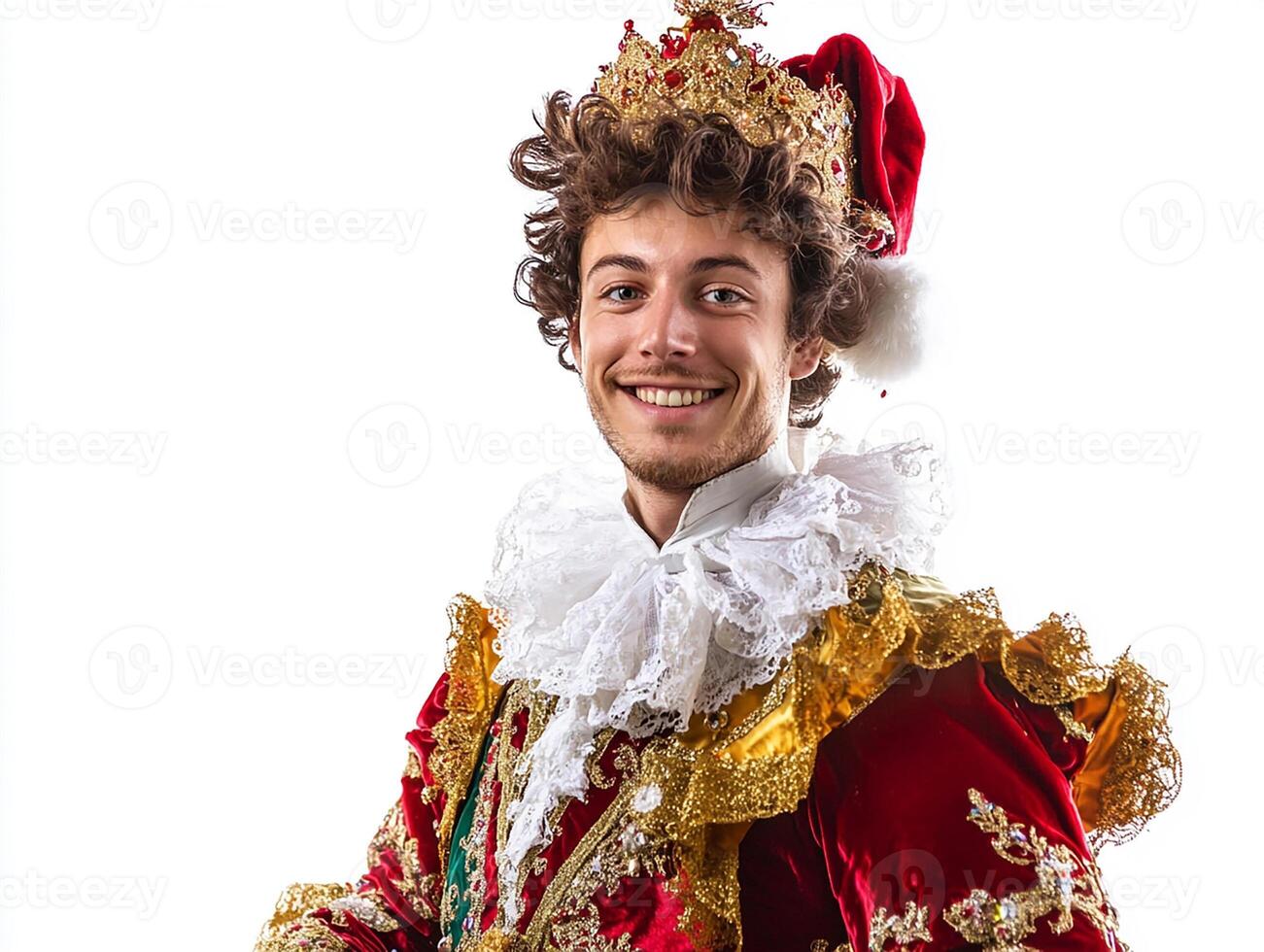 A man dressed in a costume with a crown and a red cape photo