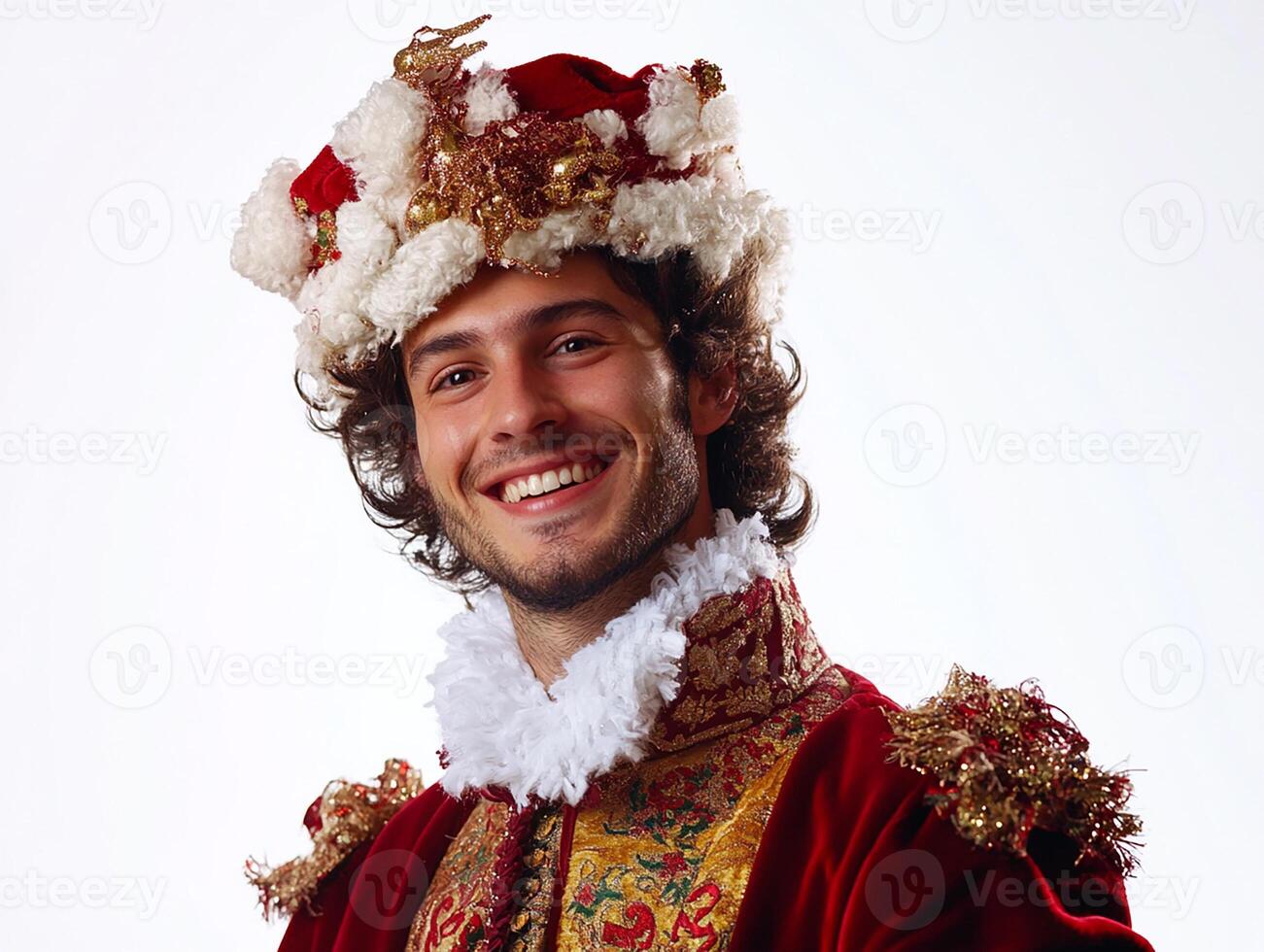 A man in a red and gold costume smiling photo