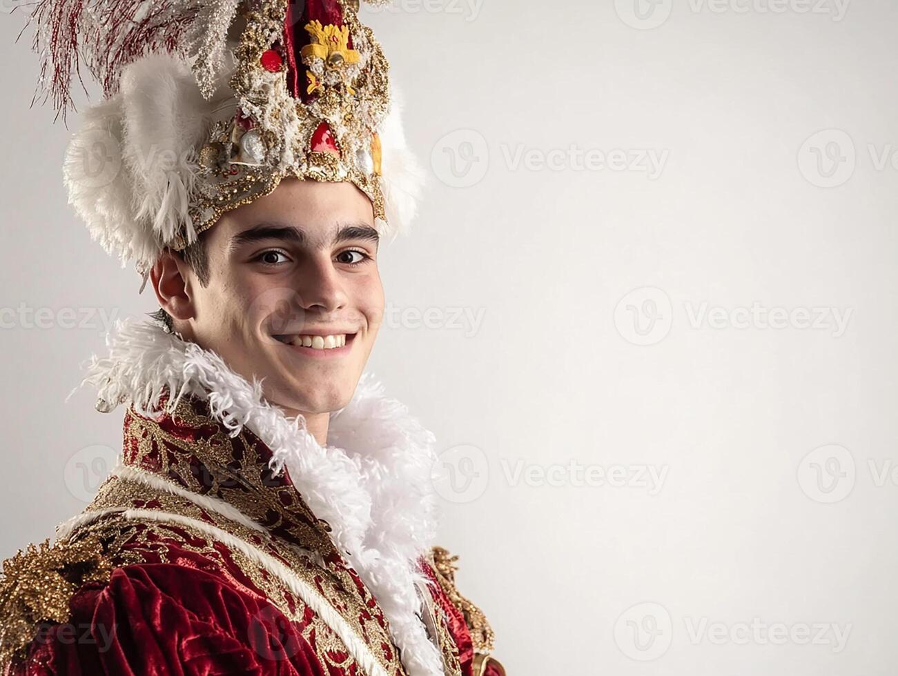 A young man in a red and white costume photo