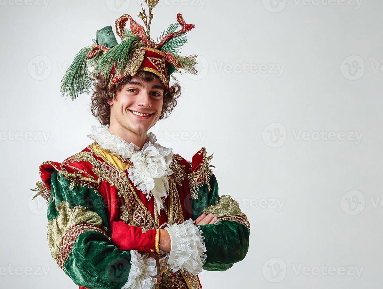 A man in a costume with a green hat and red and green feathers photo