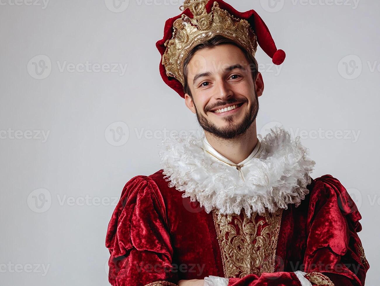 A man in a red and gold costume photo