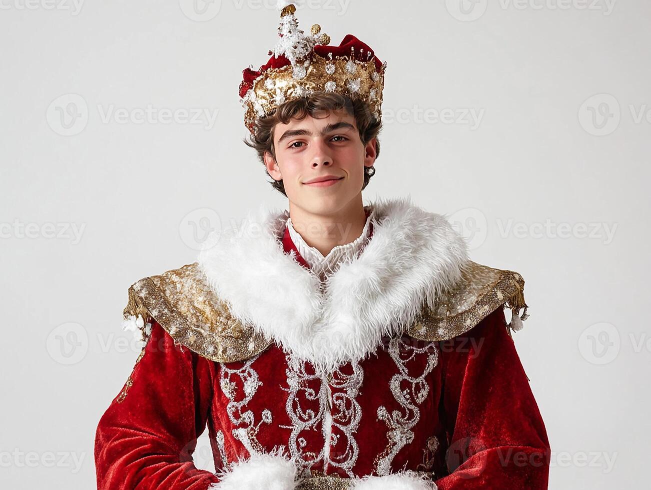 A young man dressed in a red and white costume photo