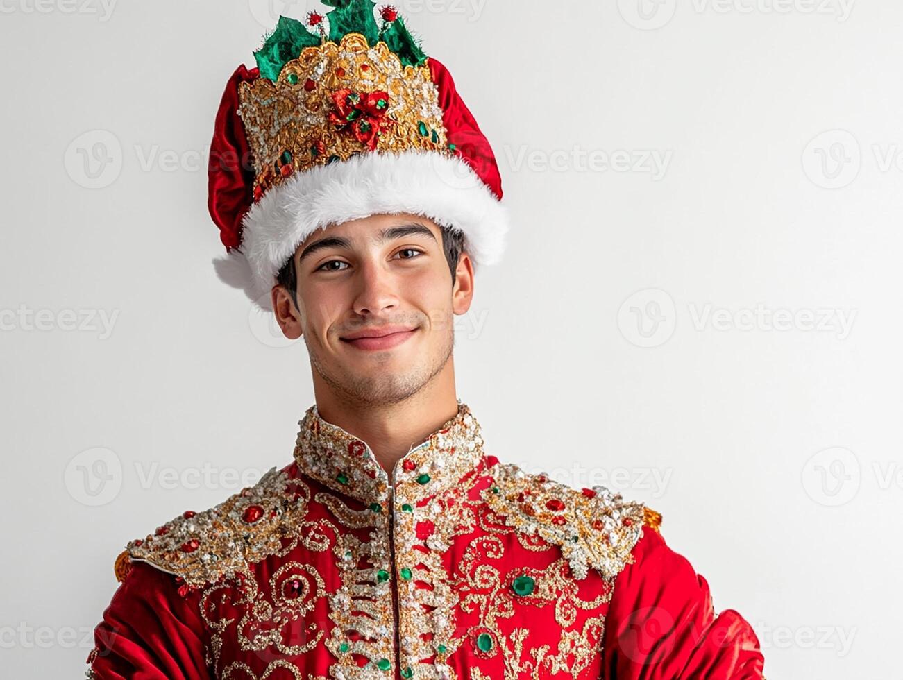 A man in a red and gold costume with a santa hat photo