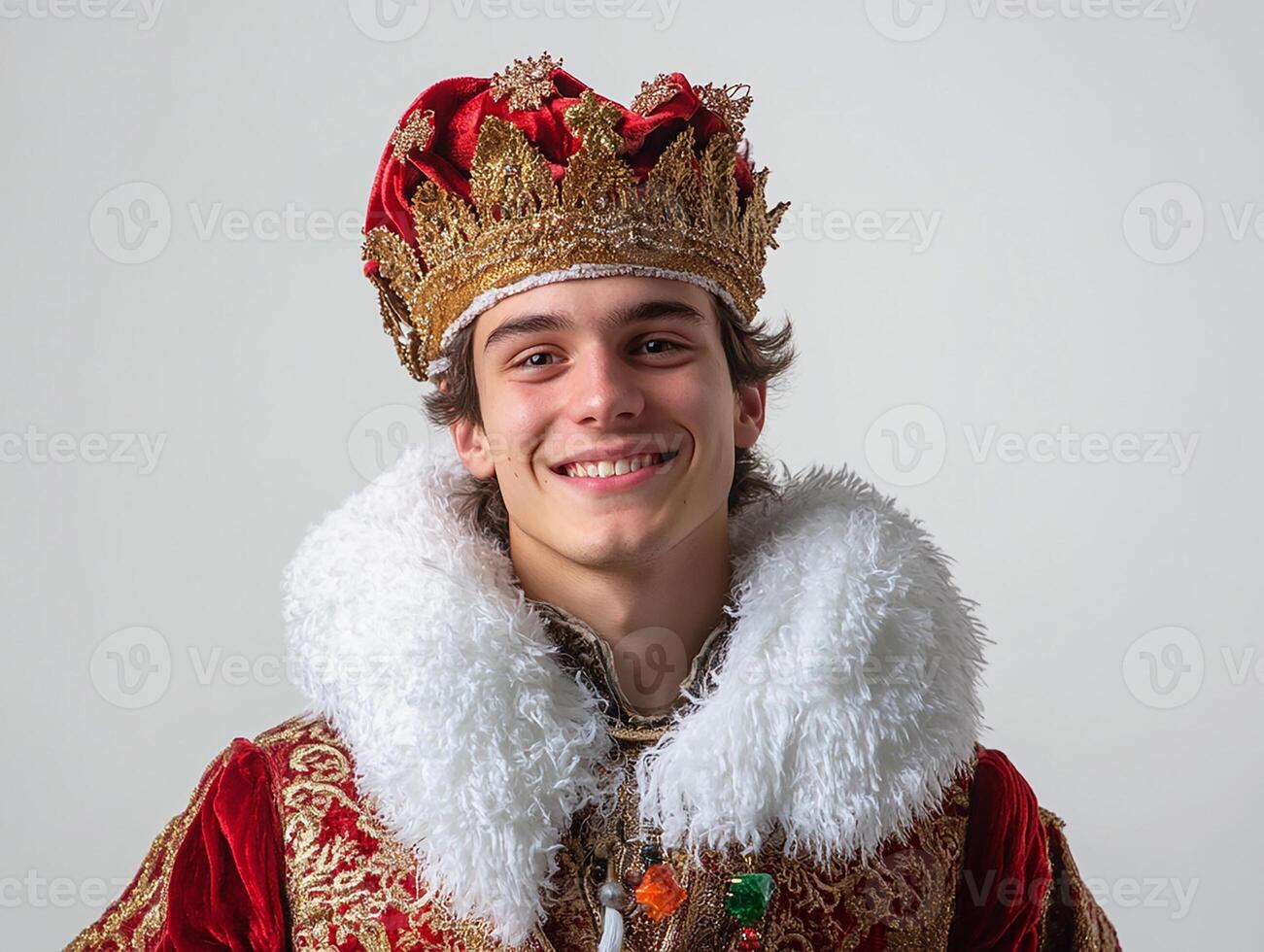 A young man in a costume with a crown on photo