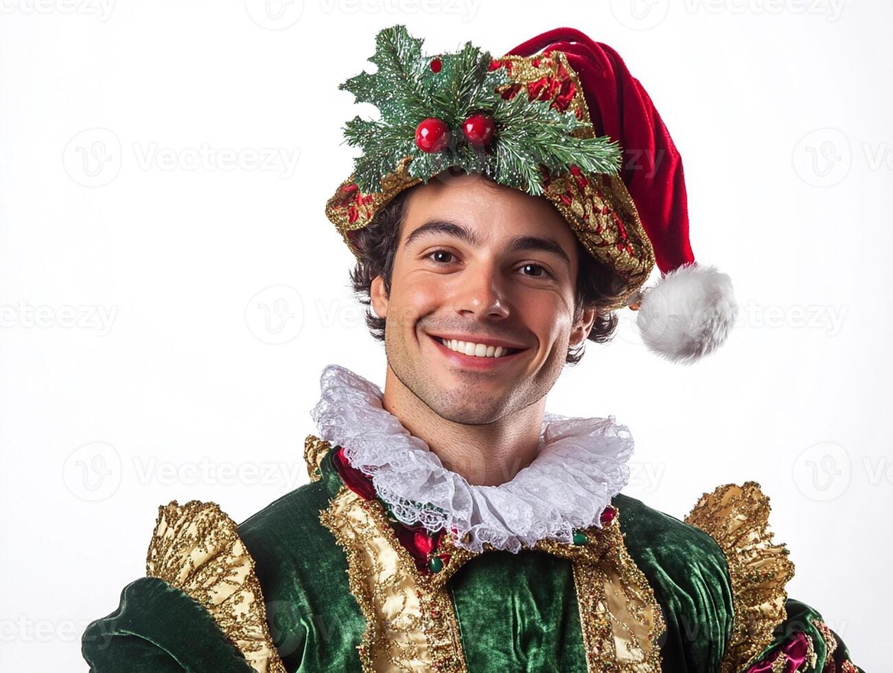 A man dressed in a christmas costume with a hat photo