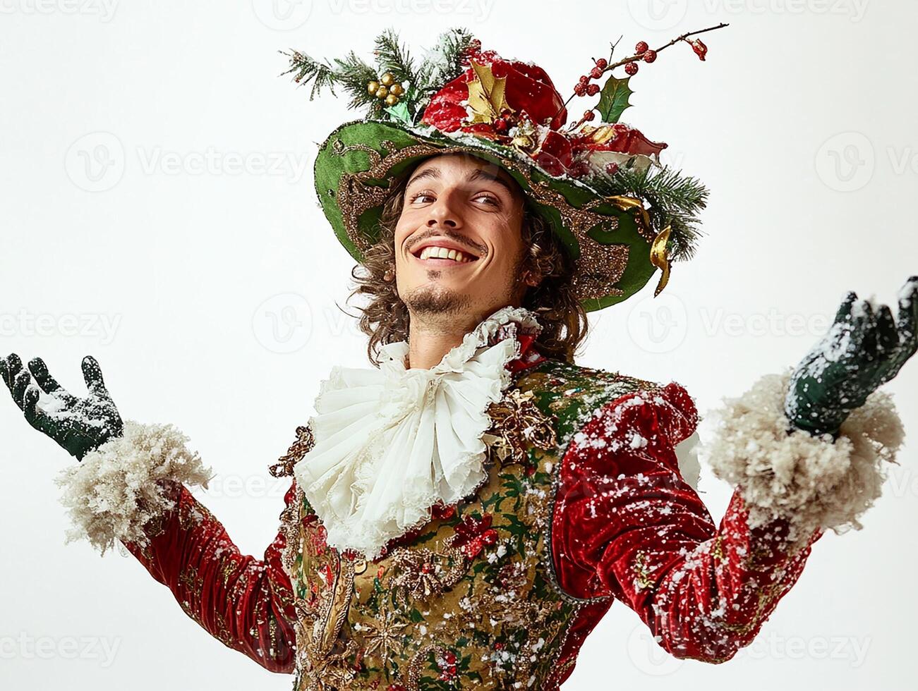 A man dressed in a christmas costume and hat photo