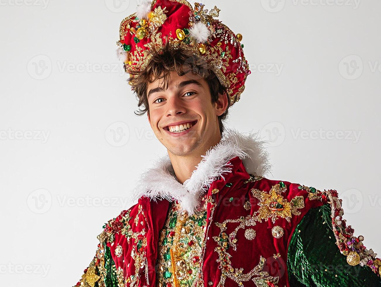 A man in a red and green costume photo