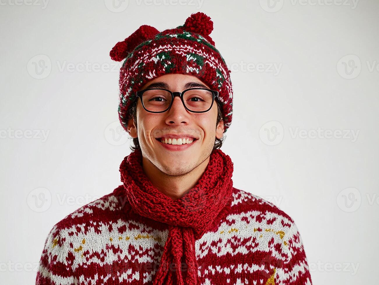 A man wearing a red sweater and a hat photo