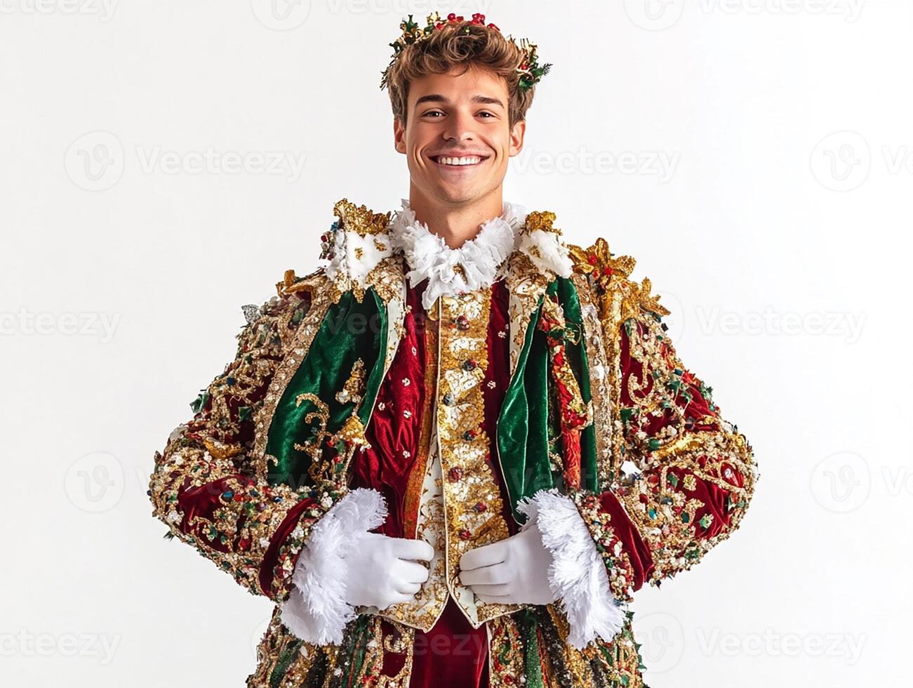 A young man dressed in a costume with a crown photo
