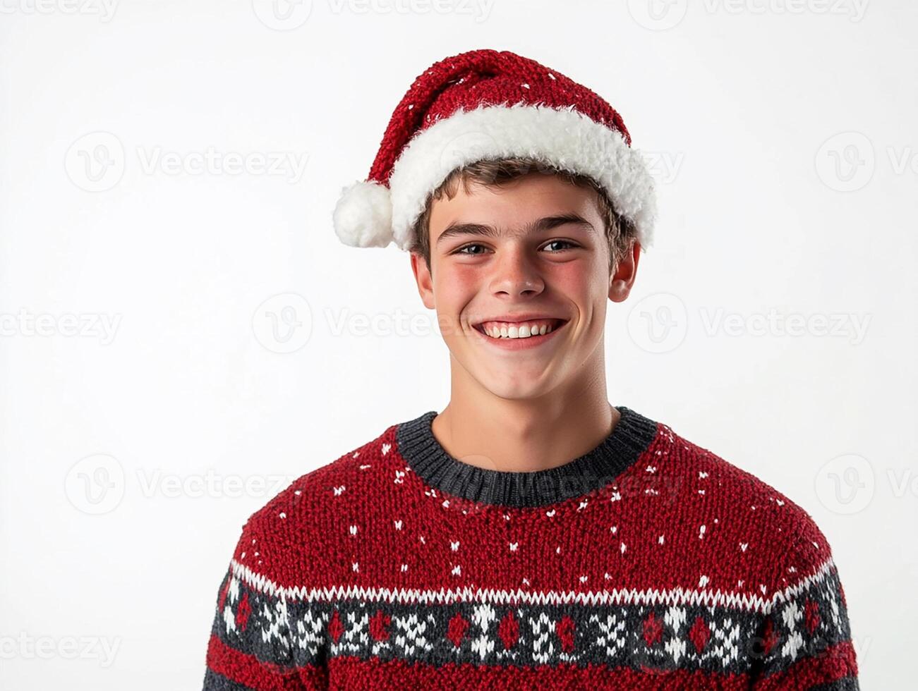A young man wearing a christmas sweater and hat photo