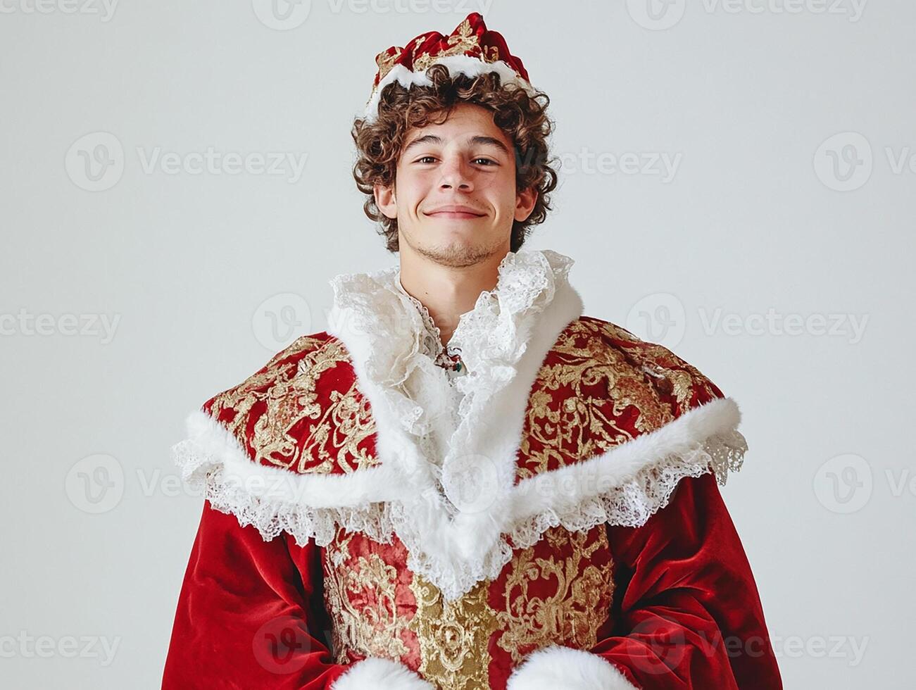A young man dressed in a red and gold costume photo