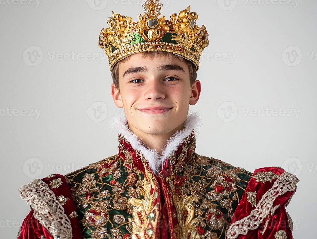 A young man wearing a crown and a red and gold outfit photo