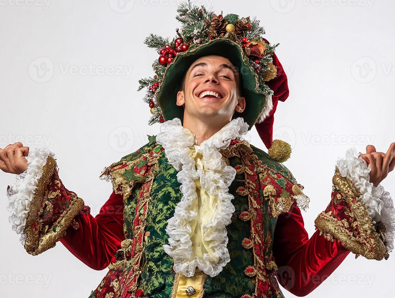 A man dressed in a christmas costume with his arms outstretched photo