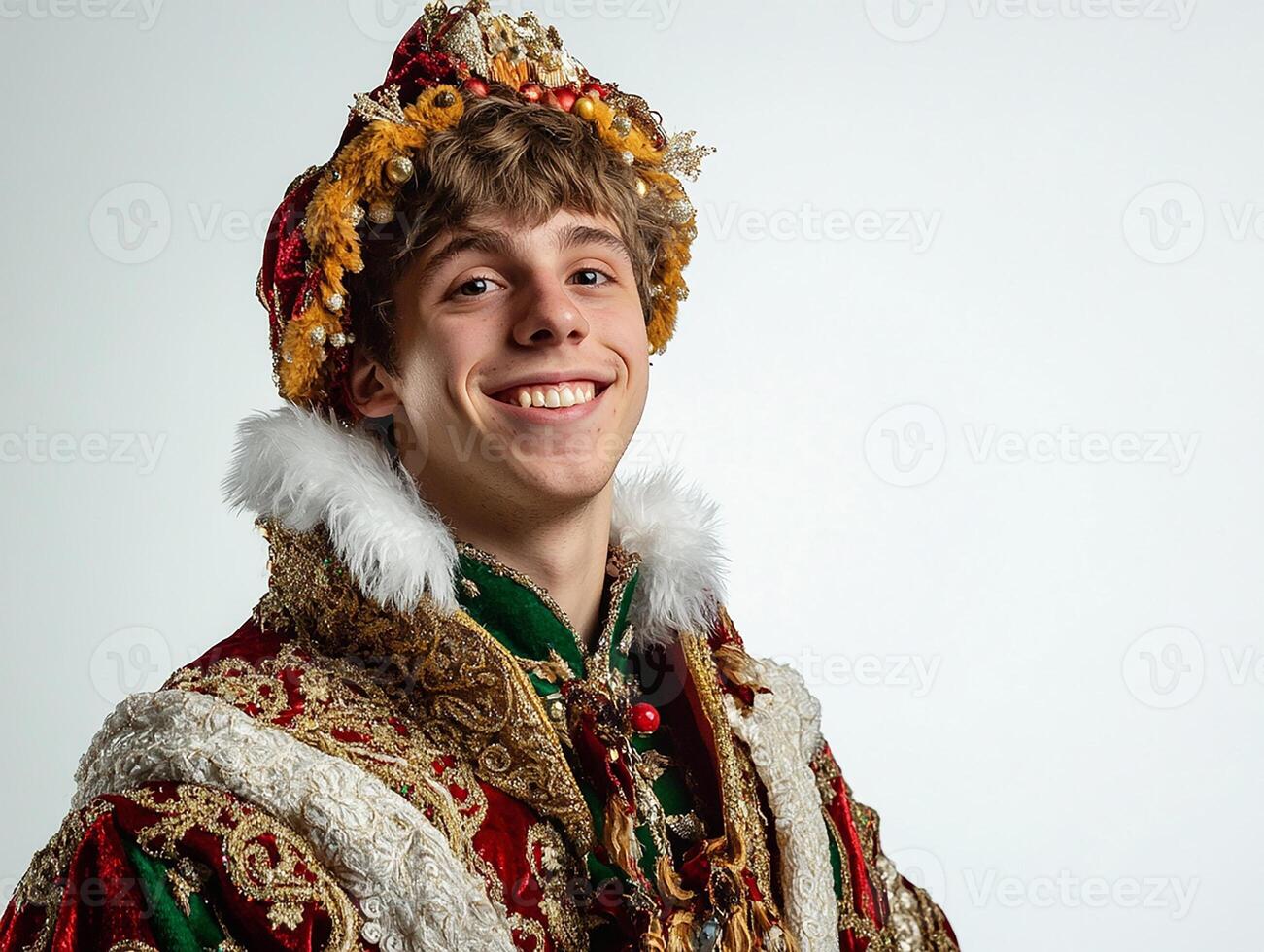 A young man in a costume with a crown on his head photo