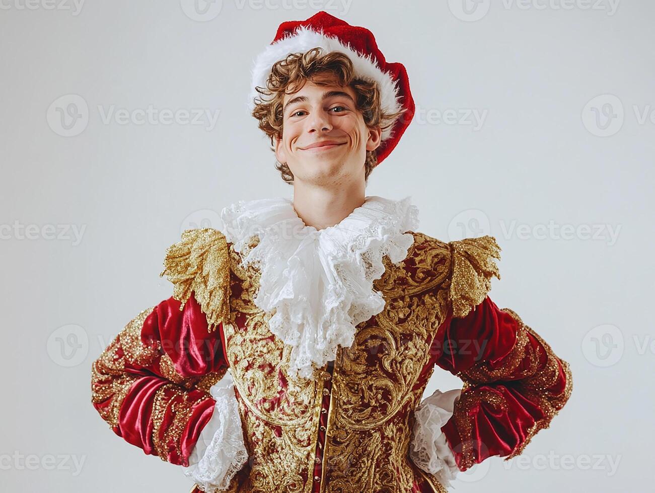 A young man dressed in a gold and red costume photo