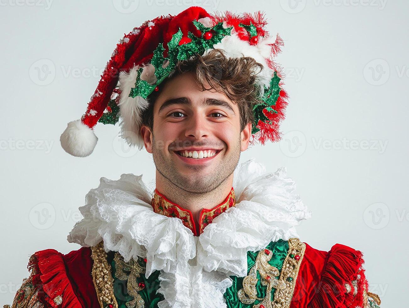 A man in a red and green costume with a santa hat photo