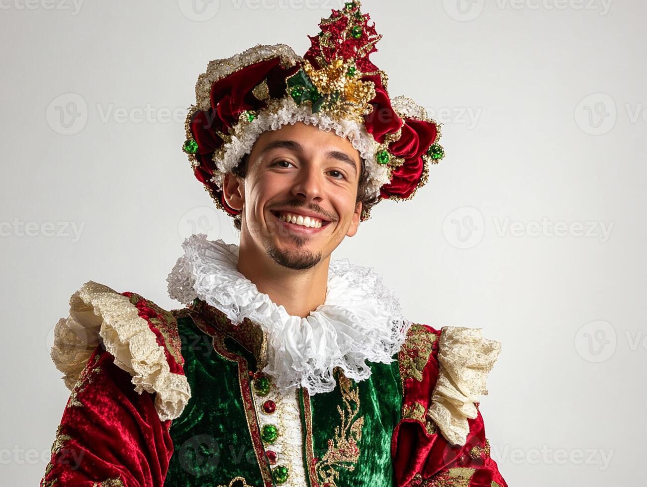 A man in a red and green costume smiling photo