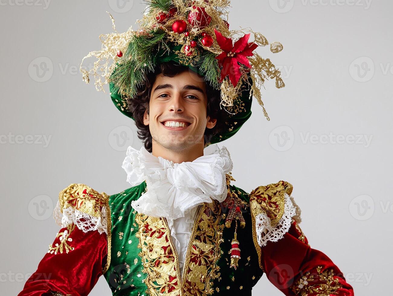 A man dressed in a green and red costume photo