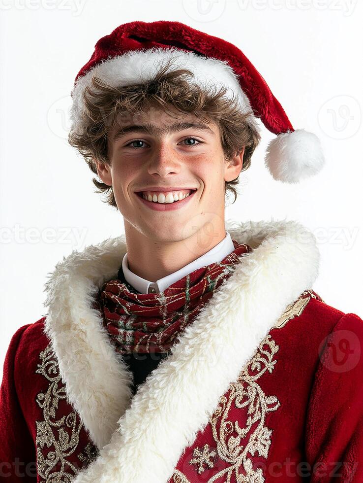 A man in a red suit and a santa hat photo