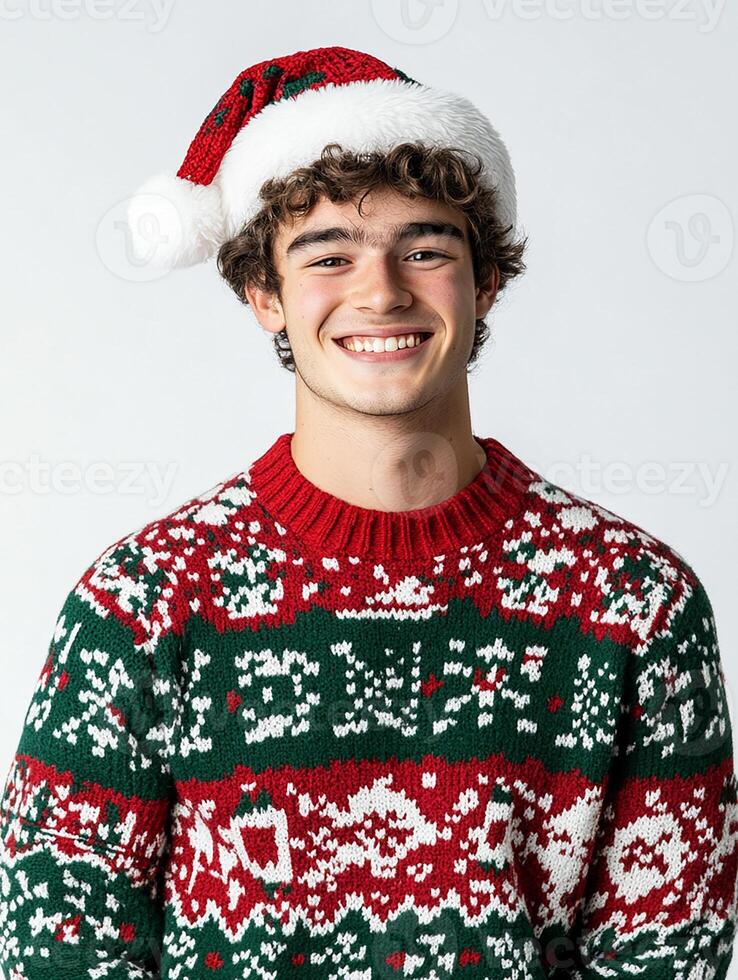 A young man wearing a christmas sweater and hat photo