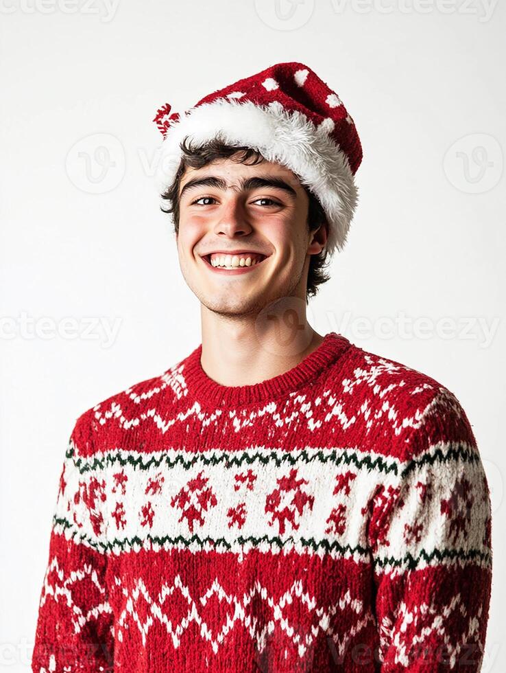 A young man wearing a christmas sweater and hat photo