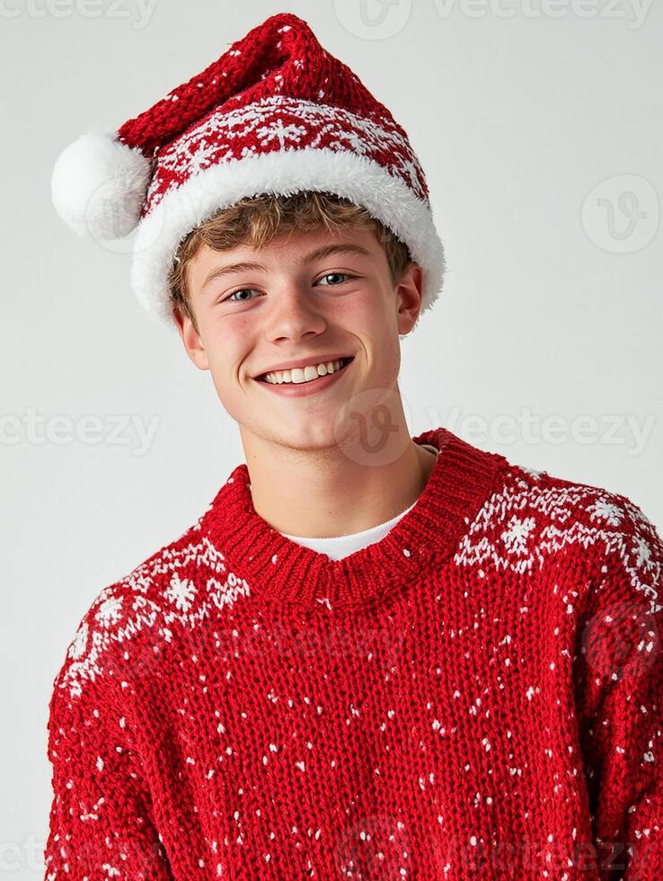 A young man wearing a red sweater and santa hat photo