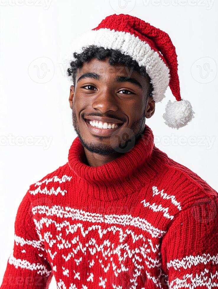 A young man wearing a red sweater and a santa hat photo