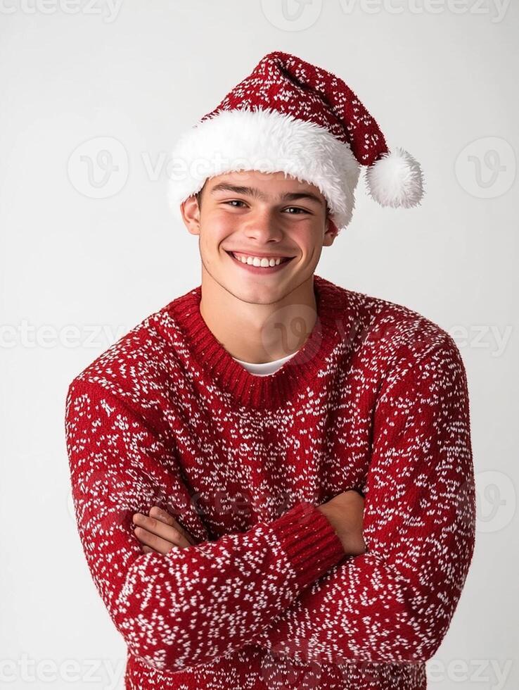 A young man in a red sweater and santa hat photo