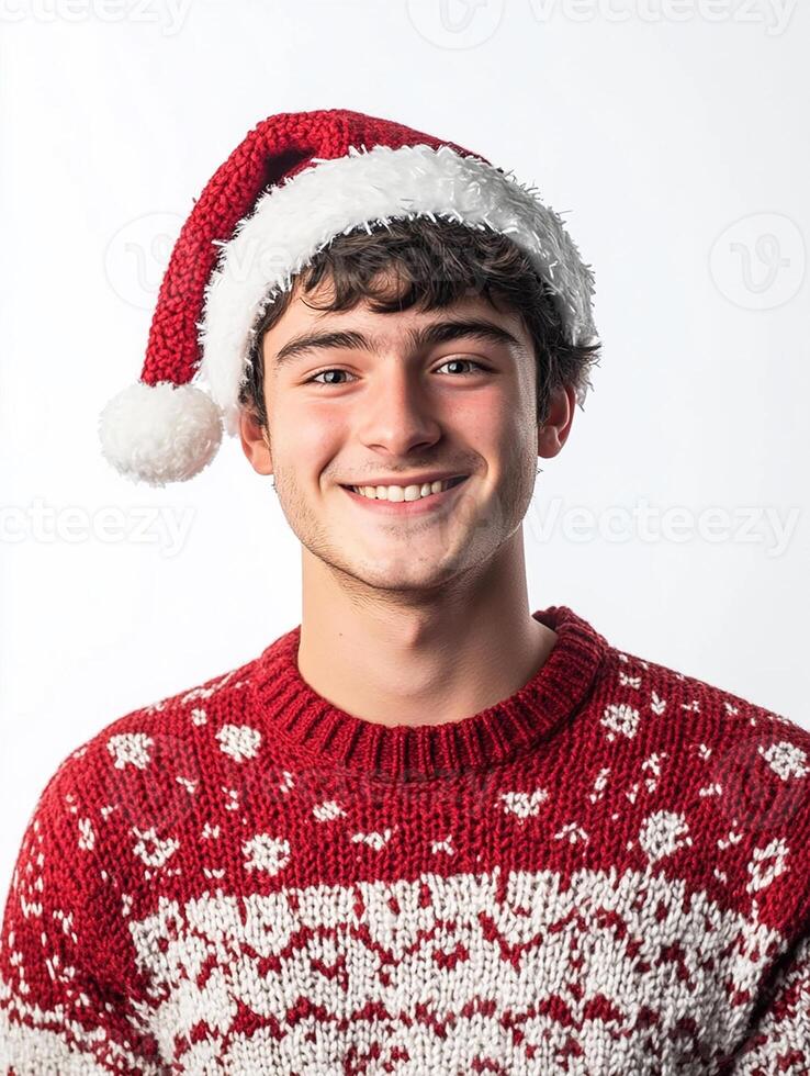 A young man wearing a christmas sweater and hat photo