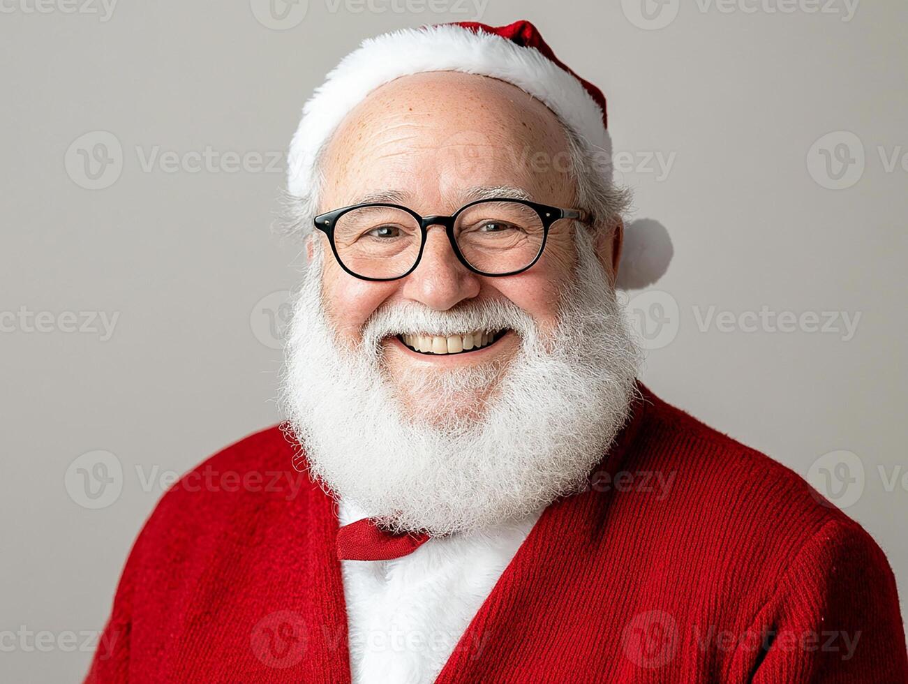 A smiling santa claus wearing glasses and a red sweater photo