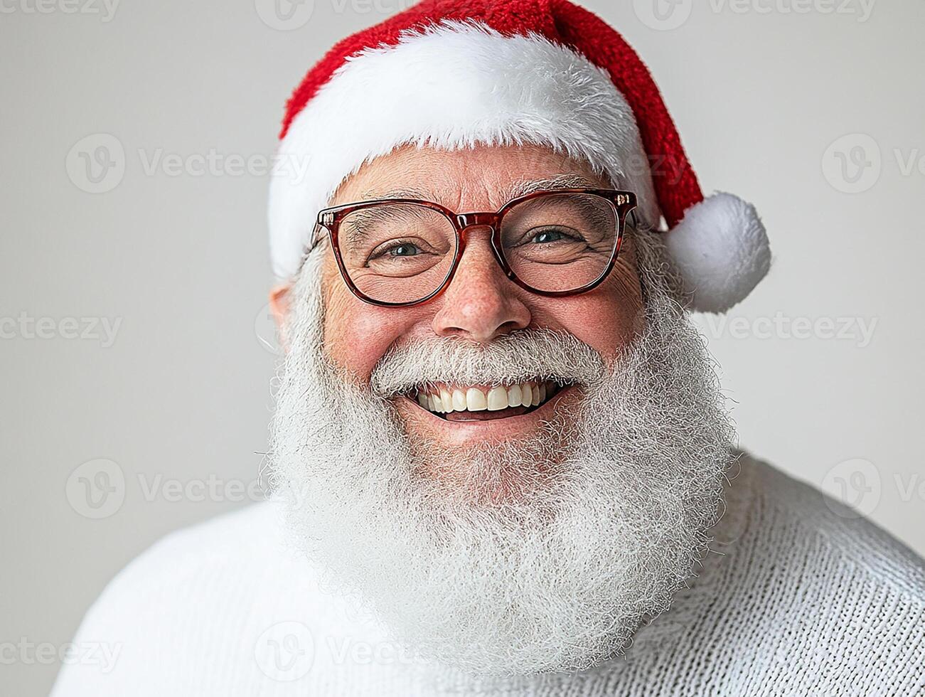 A smiling santa claus wearing glasses and a sweater photo