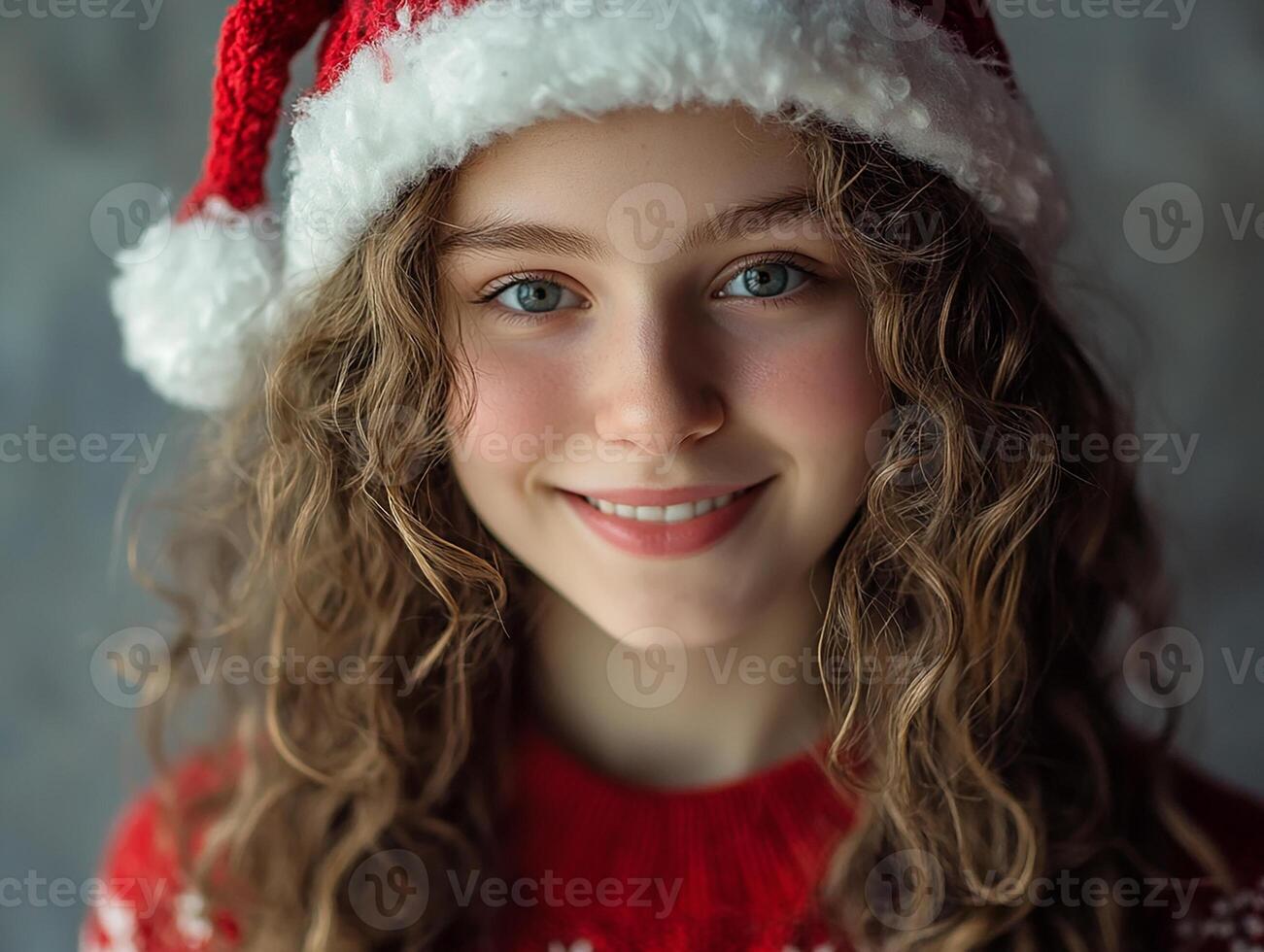 A young girl in a santa hat smiling photo