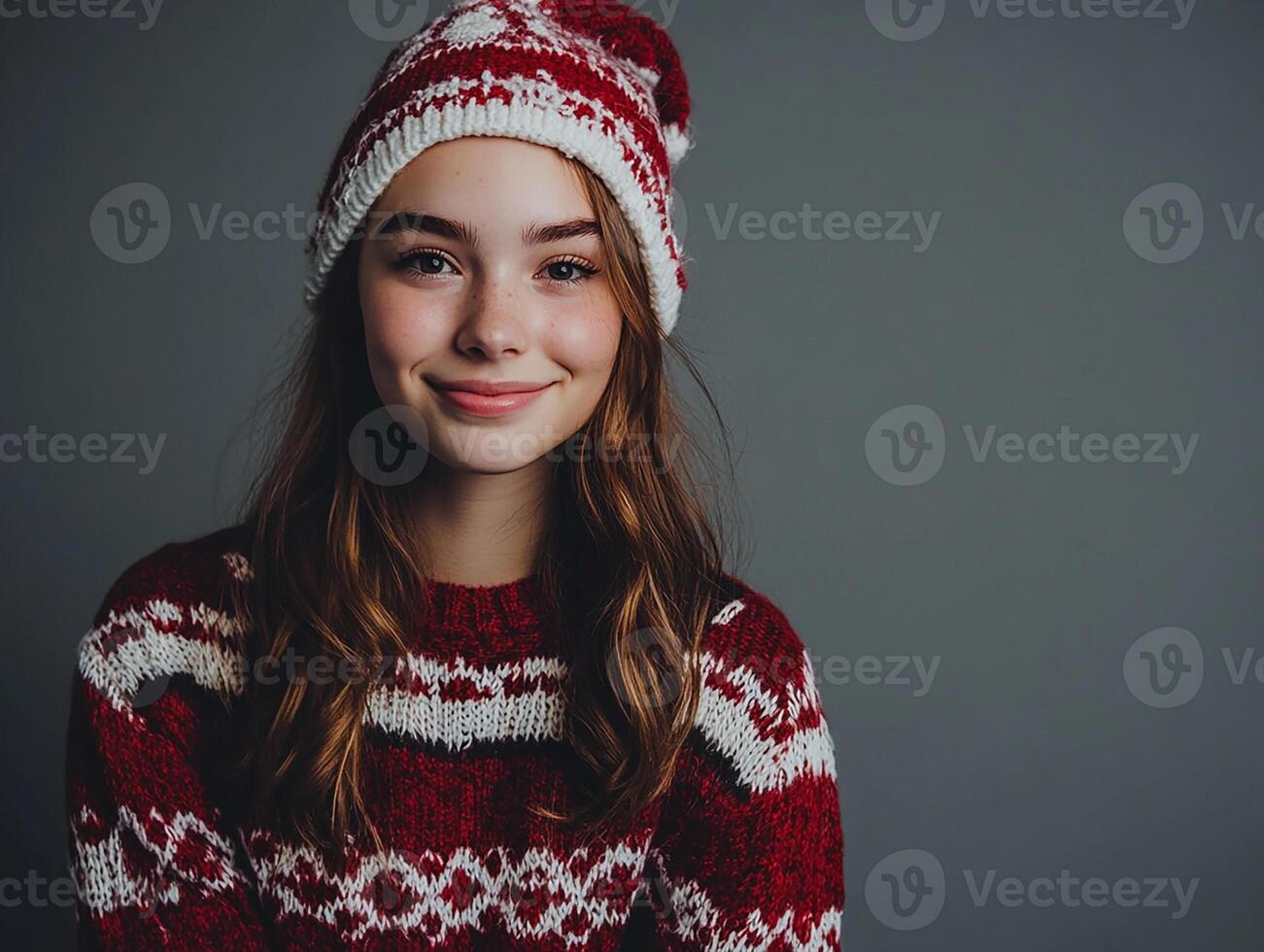 A girl in a red and white sweater and hat photo