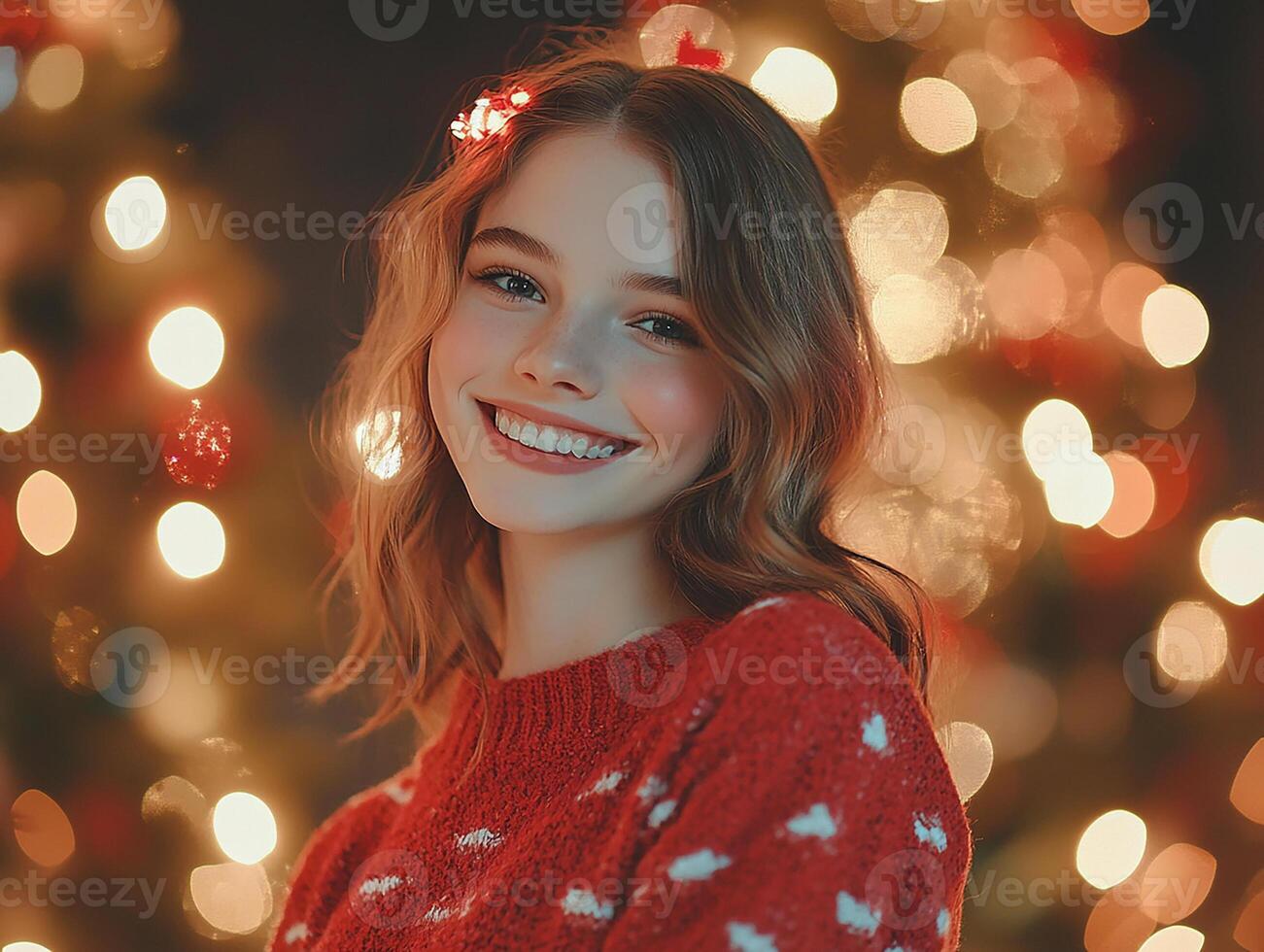A woman in a red sweater is smiling in front of christmas lights photo