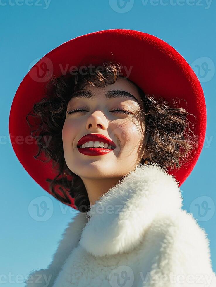 A woman wearing a red hat and white fur coat photo