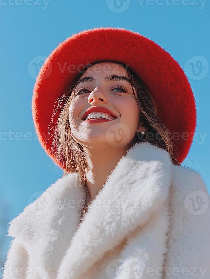 A woman wearing a red hat and white coat photo