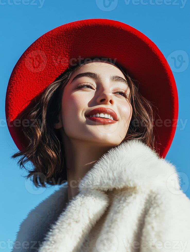 A woman wearing a red hat and white coat photo