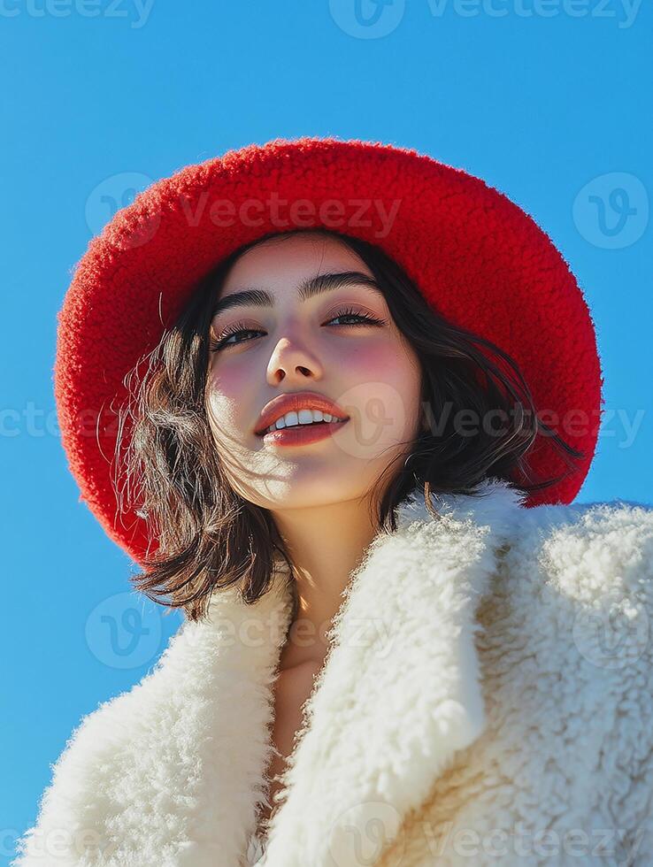 A woman wearing a red hat and white fur coat photo