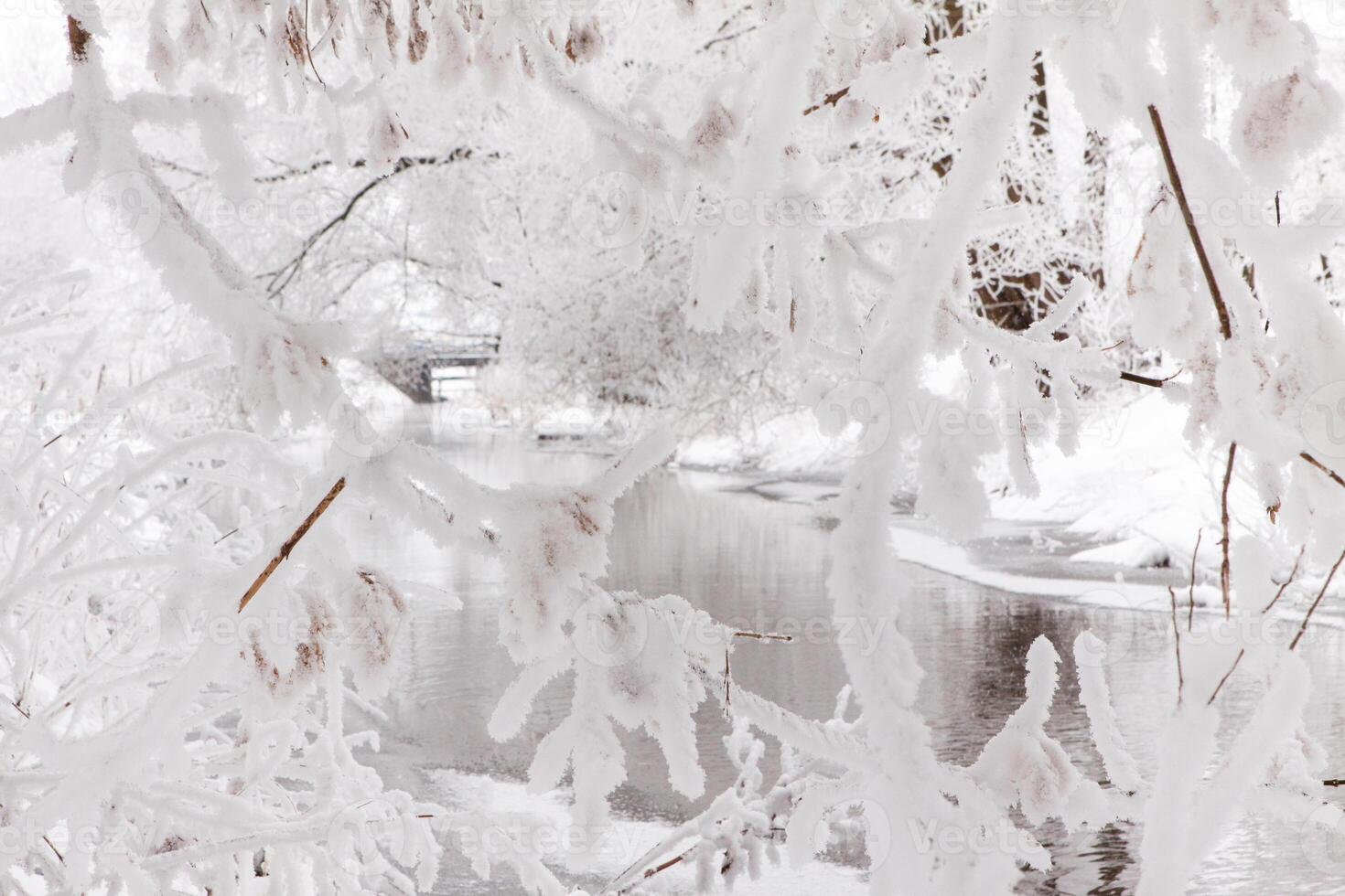 Snow-covered landscape of open spaces near the river. Snowy weather photo