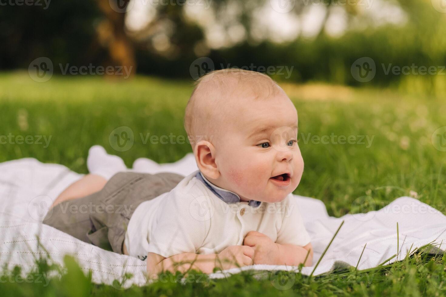 Cute happy toddler lying on a blanket on the grass outdoors in summer photo