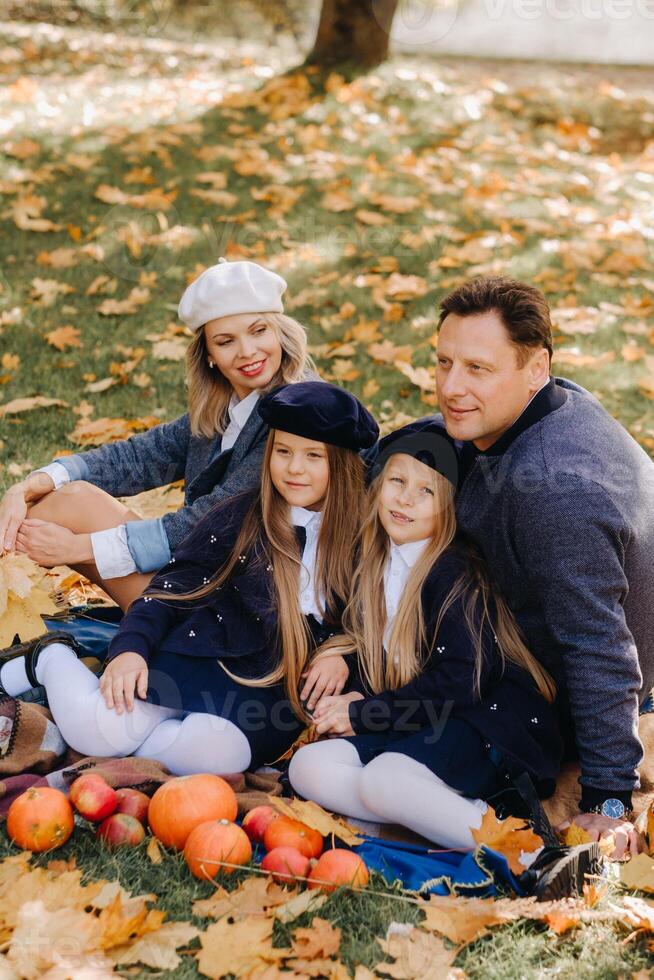 A big family on a picnic in the fall in a nature park. Happy people in the autumn park photo