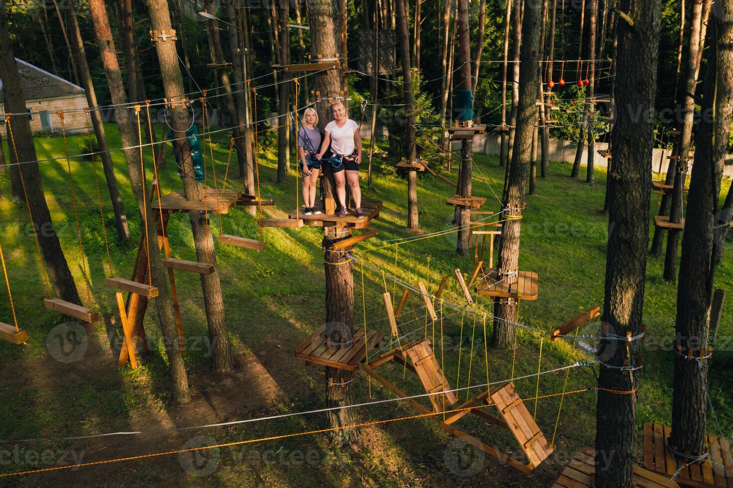 A girl passes an obstacle in a rope town. A girl in a forest rope park photo
