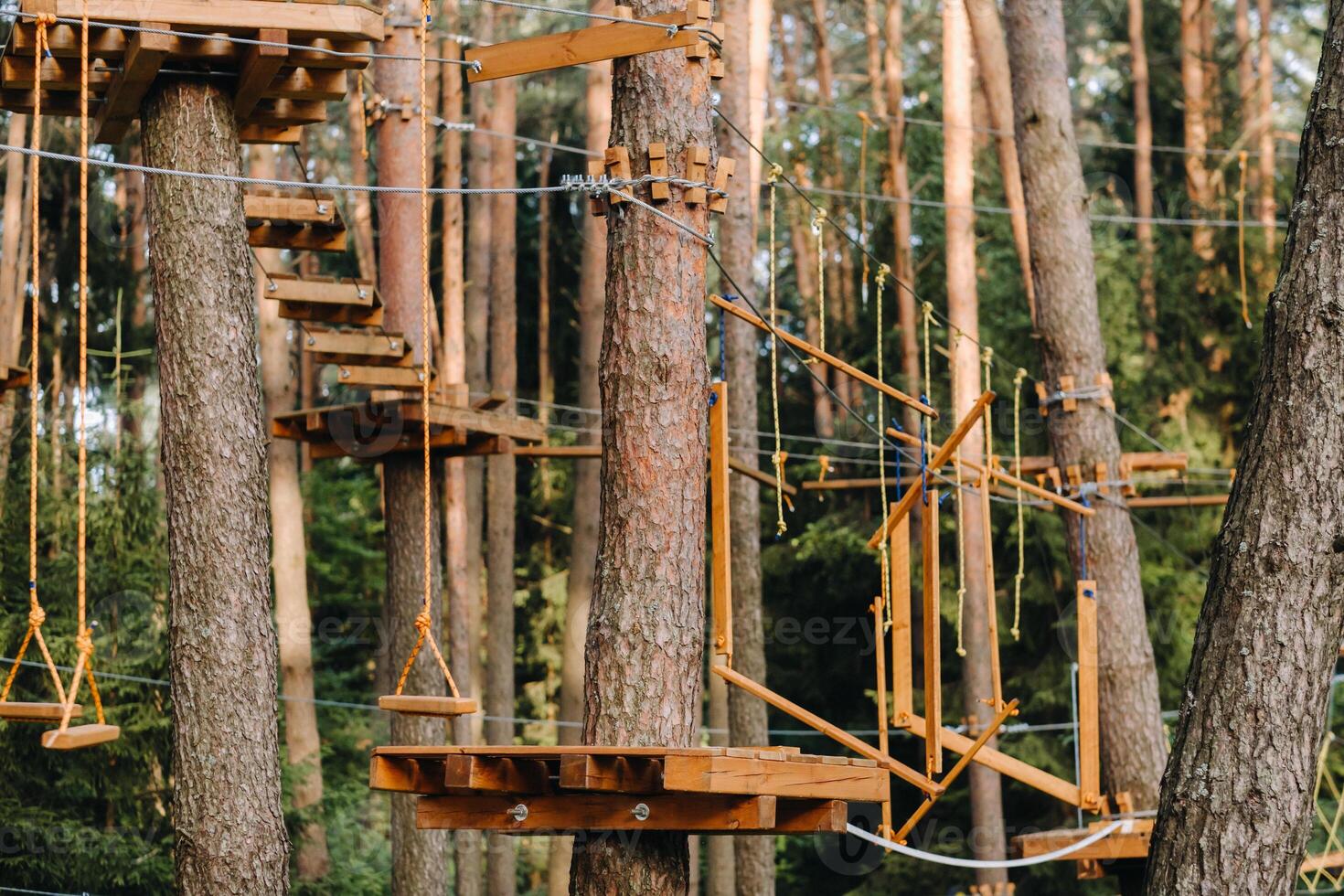 Elements of a rope town in the park. An empty rope town in the forest photo