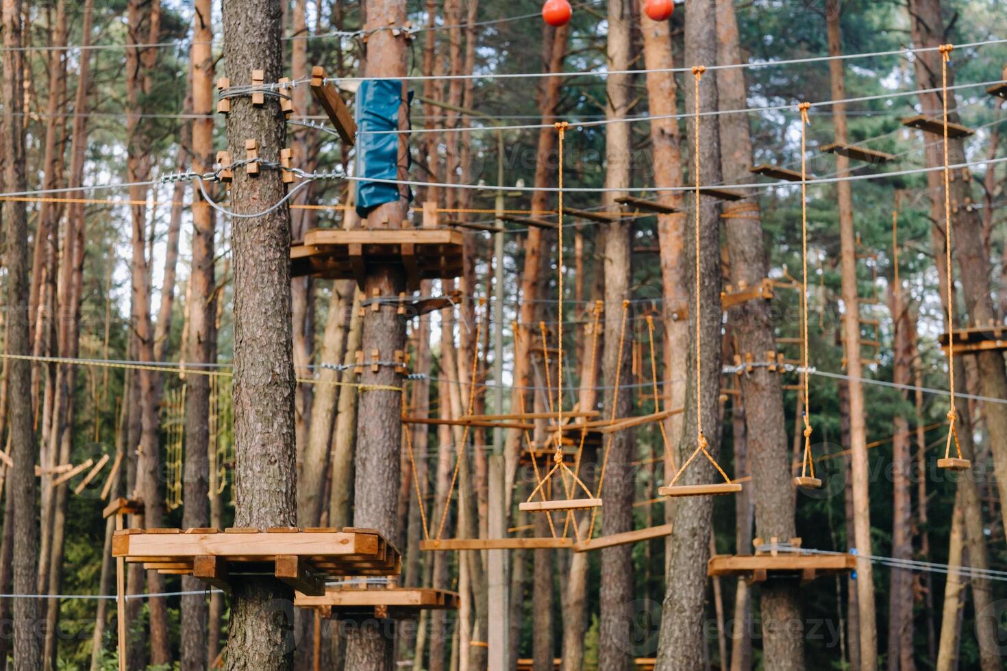 Elements of a rope town in the park. An empty rope town in the forest photo