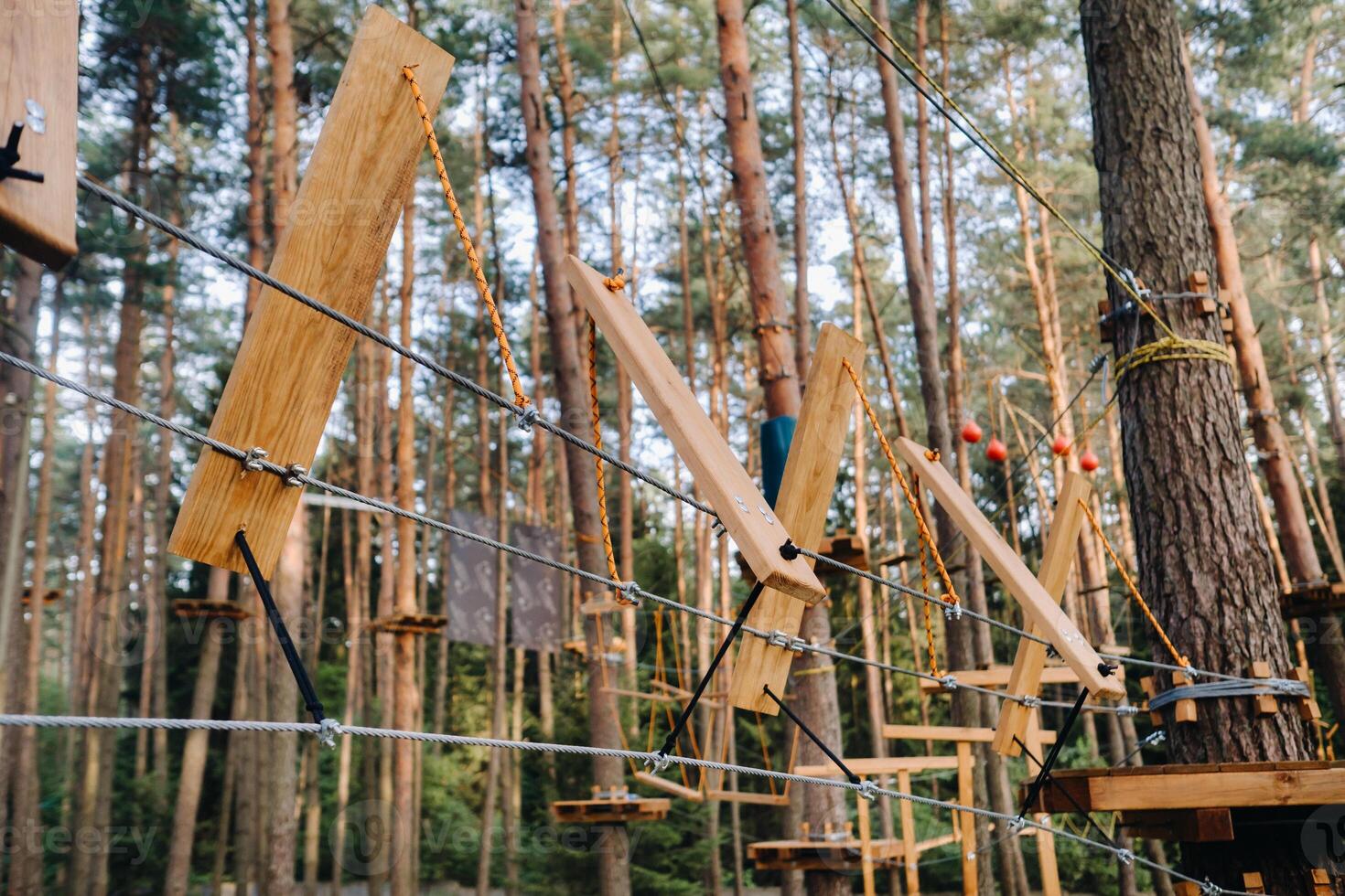 Elements of a rope town in the park. An empty rope town in the forest photo