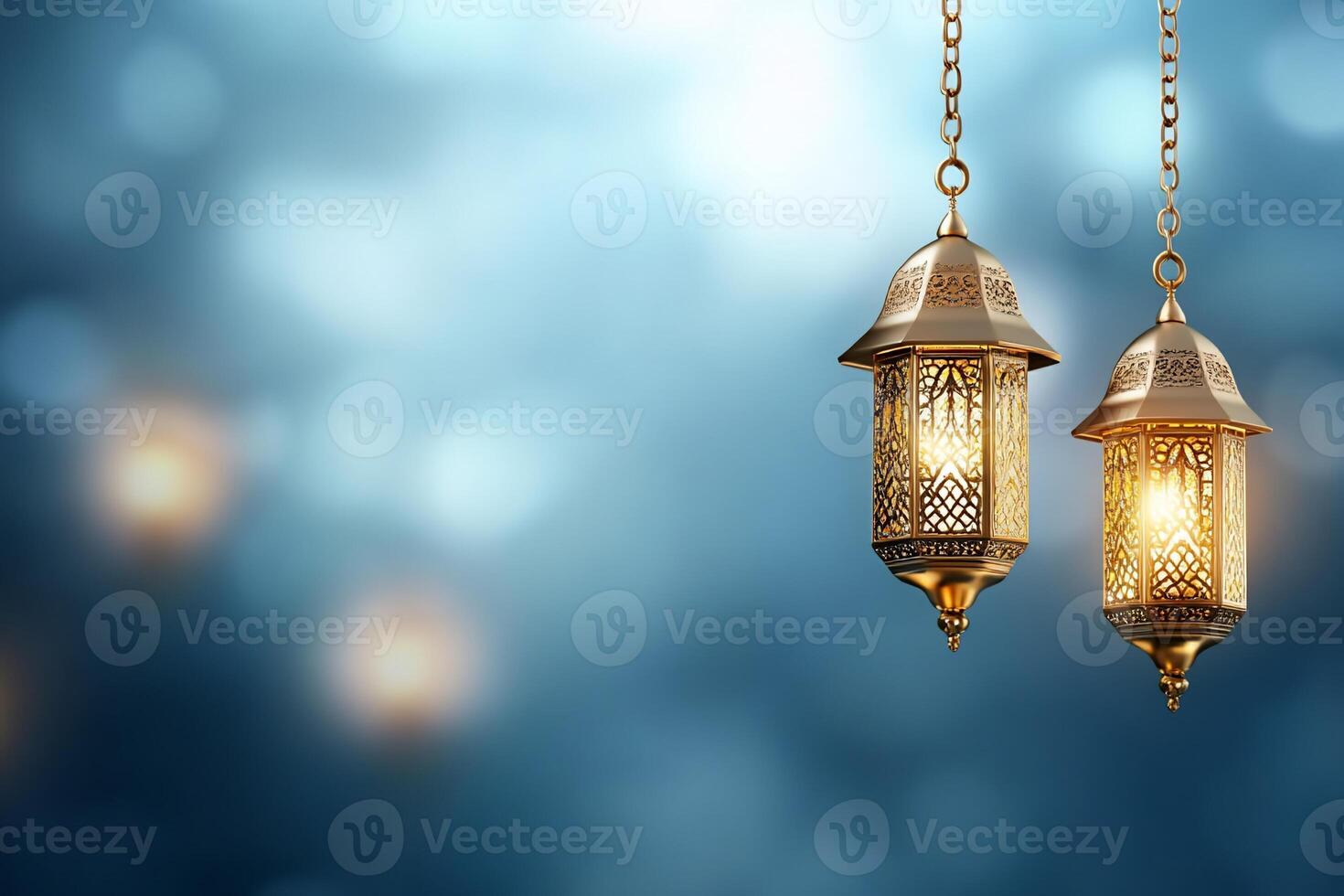 Two golden arabic lamps hanging from a chain photo