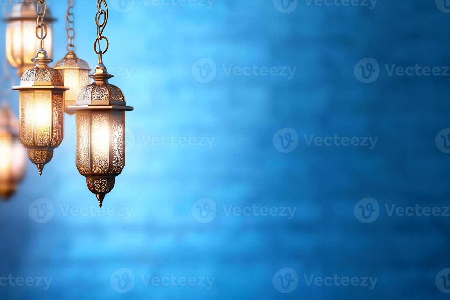 Islamic lamps hanging from a chain on a blue wall photo