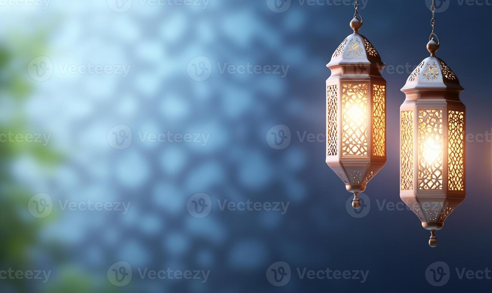 Three lamps hanging from a blue background photo