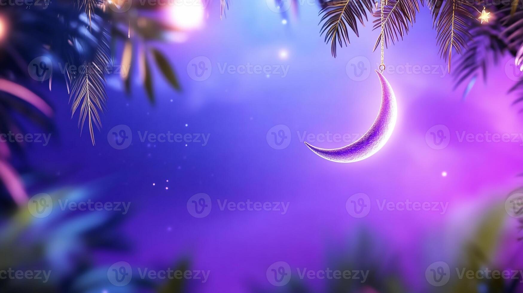 A purple crescent with stars and palm leaves photo