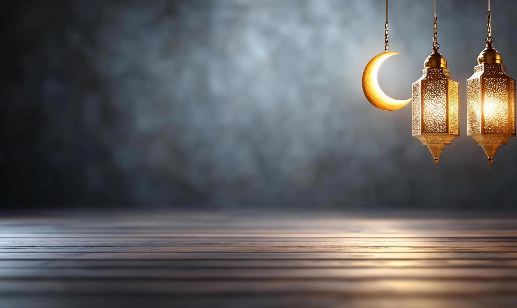 Three lamps hanging from the ceiling with a crescent moon photo